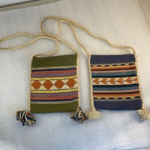 Greek motif tan pattern travel crossbody two small totes boho festival lot of 2
